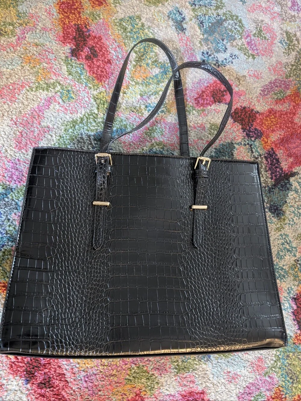 Black Croc-Embossed Tote Bag with Gold Hardware